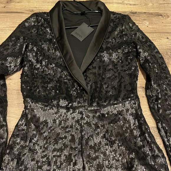NBD Black Sequin Blazer romper with Satin Shawl Lapel – Size Small, NWT - Picture 14 of 16
